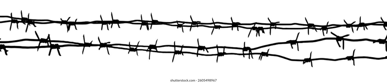 Barbed wire fence barrier border security guard. Sharp metal twisted strand with thorn spike line. Black white minimal monochrome horizontal pattern illustration vector