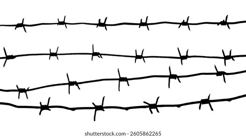 Barbed wire fence barrier border security guard. Sharp metal twisted strand with thorn spike line. Black white minimal monochrome horizontal pattern illustration vector