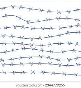 Barbed wire fence border background illustration. Sharp thorns of barbwire barrier zone. Protection and security concept. Vector illustration.