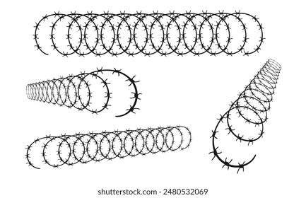 Barbed wire fence border chain with thorns and spikes vector illustration isolated on white background.