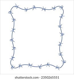 Barbed wire fence border frame illustration. Sharp thorns of barbwire barrier zone. Protection and security concept. Vector illustration.