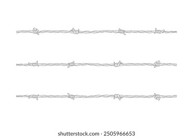 Barbed wire fence outline with 3 variations of barbed wire twists and spikes vector