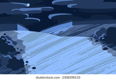 Barbed wire fence, protection wall with barbwire at night. Border, barrier, state boundary between countries. Military construction, prison area with forbidden access. Flat vector illustration