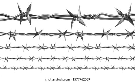 Barbed Wire Of Fence Seamless Pattern Set Vector. Collection Of Metallic Fencing Wire Chain Constructed With Sharp Points Arranged At Intervals Along Strands. Template Realistic 3d Illustrations