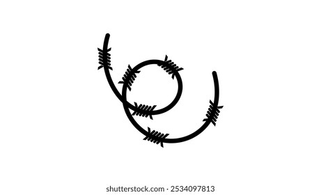 Barbed wire fence sign with sharp spikes,black isolated silhouette