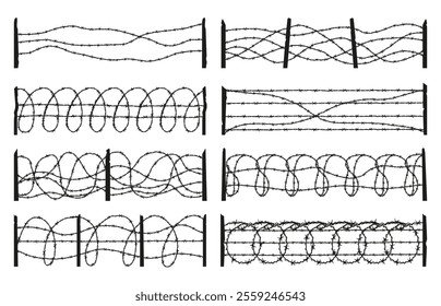 Barbed wire fences. Black fence barbwire silhouettes. Trench war, fencing for house, close area, prison or military facility. Simple style neoteric vector set