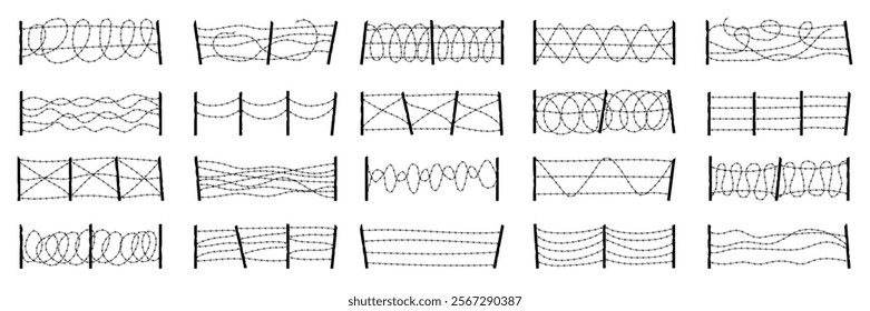 Barbed wire fences. Danger zone borders from steel barbed wire recent vector military fences and entrance silhouettes