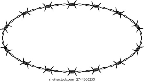Barbed wire forming an oval shape with sharp barbs along its perimeter.
