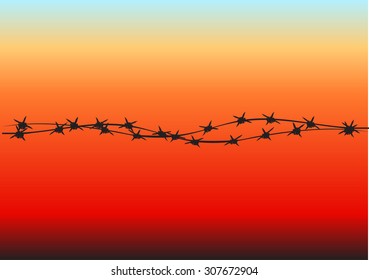 Barbed wire frame on sunset background vector pattern