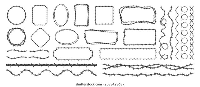 Barbed wire frame set on transparent background. Razor wire element set vector illustration 