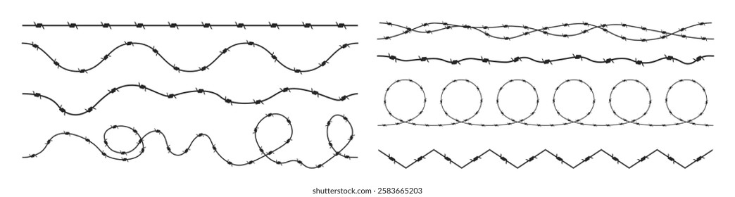 Barbed wire frame set on transparent background. Razor wire element set vector illustration 