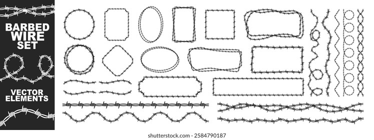 Barbed wire frame set on transparent background. Razor wire element set vector illustration 