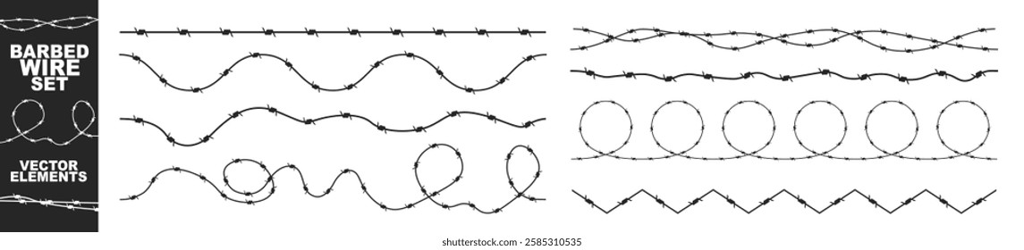 Barbed wire frame set on transparent background. Razor wire element set vector illustration 