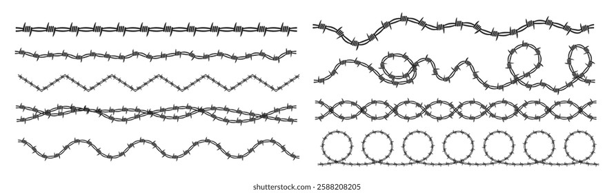 Barbed wire frame set on transparent background. Razor wire element set vector illustration 