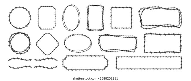 Barbed wire frame set on transparent background. Razor wire element set vector illustration 