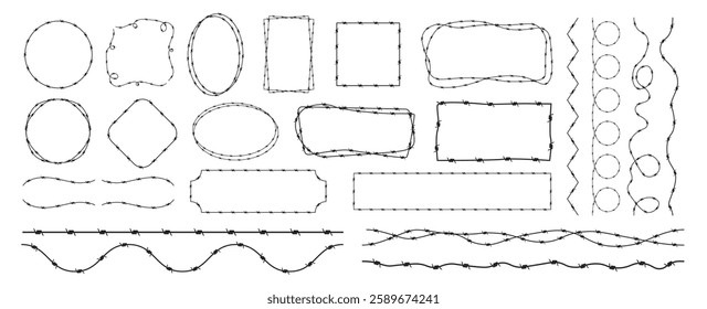 Barbed wire frame set on transparent background. Razor wire element set vector illustration 