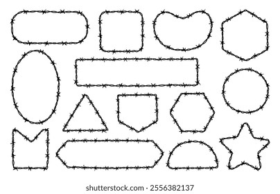 Barbed wire frames. Different barbwire borders shapes. Security, safety, protection property, public or military zones. War danger elements, neoteric vector set