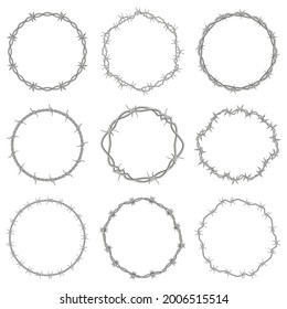 Barbed wire frames. Round prison wire symbols, circle steel razor wire frames vector illustration set. Secured razor wire elements. Struggle for freedom concept. Metal sharp elements