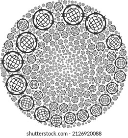 Barbed wire globe symbols are grouped into globe group. Barbed wire globe icon spheric composition. Abstraction spheric bubble mosaic organized with barbed wire globe symbols.