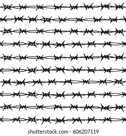 Barbed wire Hand drawn seamless pattern. Endless ornament with black ink barbwire doodles on white backdrop. Handdrawn stylish background for fabric, wrapping, packaging paper, wallpaper