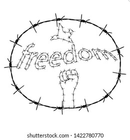 barbed wire hand ,freedom text ,bird in barbed wire Circle on white background