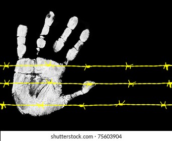 Barbed wire and hand, on black background, vector illustration