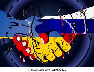 Barbed wire handshaking Ukraine VS Russia crisis. Ukrainian-russian conflict.