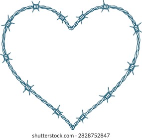 Barbed Wire Heart Decorative Frame, Vintage Western Rustic Blue Line Art Vector Illustration