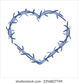 Ilustración del marco cardiaco con alambre de púas. Espinas afiladas de la valla de la zona de barrera de alambre de púas. Concepto de amor. Ilustración vectorial.