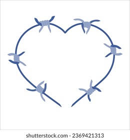 Barbed wire heart frame illustration. Sharp thorns of barbwire barrier zone border fence. Love concept. Vector illustration.