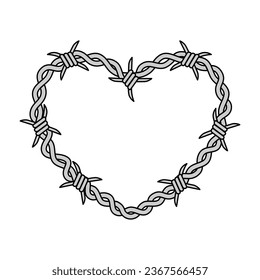 Barbed wire heart icon. Y2k emo goth graphic design element. Love symbol. 2000s style decoration. Vector illustration