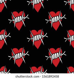 barbed wire heart seamless doodle pattern, traditional tattoo illustration