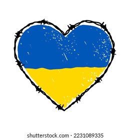 Barbed wire heart shape in Ukrainian flag blue and yellow colors. Hand drawn vector illustration in sketch style