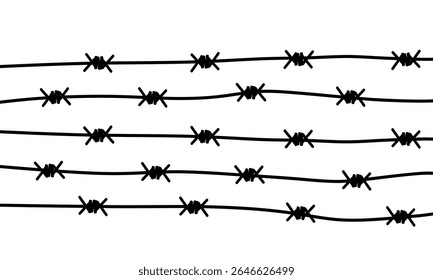 Ilustração de vetor de clip-art de linha horizontal com arame farpado. Acampamento de ponta de arame de fronteira ou fronteira do exército. Cerca de arame para ilustração de segurança