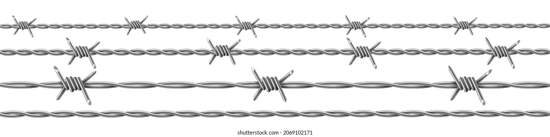 Alambre de púas, patrón horizontal sin soldadura y elementos separados de alambre de púas aislados. Barrera de protección metálica con cortezas afiladas para cercas industriales y agrícolas. Ilustración del vector