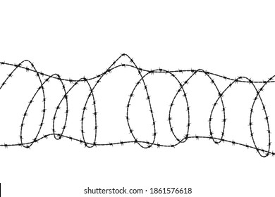 Alambre de púas. Horizontal y ondulado, silueta. Afilado, protegido, cercado. Ilustración vectorial, plantilla.