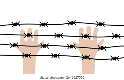 Arame farpado com mão humana clip arte ilustração vetor. Acampamento de ponta de arame de fronteira ou fronteira do exército. Cerca de arame para ilustração de segurança