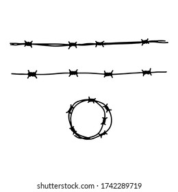Icono de alambre de púas. Siluetas de contorno negro. Ilustración gráfica vectorial dibujada a mano. Objeto aislado sobre un fondo blanco. Aislar.