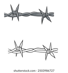 barbed wire isolated on white background. colour. outline, line art style. vector illustrations