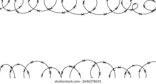Arame farpado isolado sobre fundo branco. Fronteira de metal afiado para prisão, zona de guerra ou área restrita. Silhueta de vetor para design de perigo ou segurança.