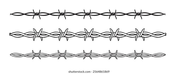 Barbed wire isolated template border. Wire barb fence set. Protection barbed wire silhouette outline clipart. Vector illustration