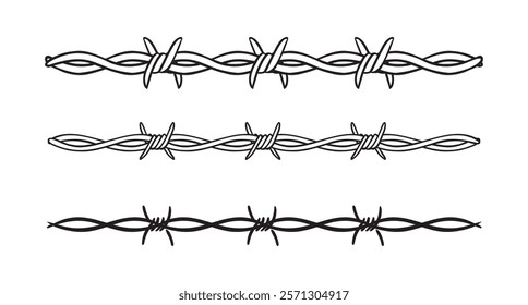 Barbed wire isolated template border. Wire barb fence set. Protection barbed wire silhouette outline clipart. Vector illustration