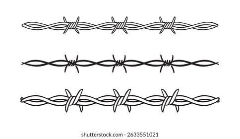 Borda de modelo isolada de arame farpado. Cerca de arame farpado. Proteção arame farpado silhueta delinear clipart. Ilustração vetorial