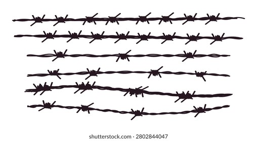 Barbed wire line art pack. Barbed wire line art pack, linear vector fence illustrations, minimal outline designs, security wire graphics, industrial icons, vector illustration.