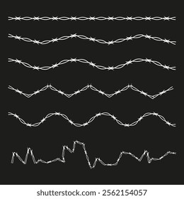 Barbed wire lines. Black twisted pattern. Fence protection symbol. Vector boundary graphic.