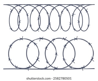 Barbed wire metallic border elements, sharply barb wire fencing. Prison barbed wire. Twisted steel protective barrier with spikes. Design for military, secure object, prison.