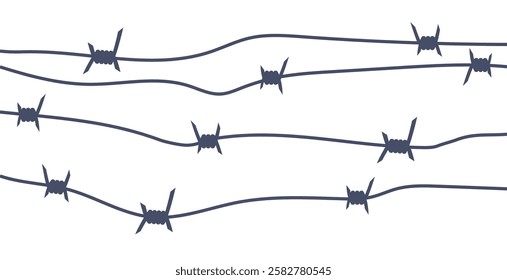 Barbed wire metallic border elements, sharply barb wire fencing. Prison barbed wire. Twisted steel protective barrier with spikes. Design for military, secure object, prison.