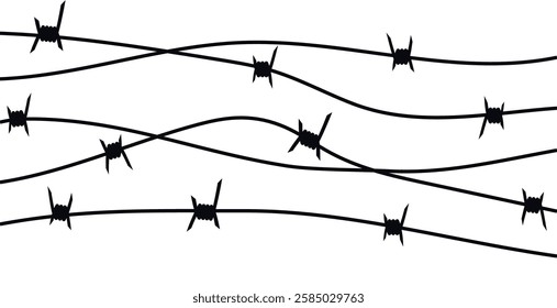 Barbed wire metallic border elements, sharply barb wire fencing. Prison barbed wire. Twisted steel protective barrier with spikes. Design for military, secure object, prison.