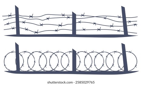 Barbed wire metallic border elements, sharply barb wire fencing. Prison barbed wire. Twisted steel protective barrier with spikes. Design for military, secure object, prison.