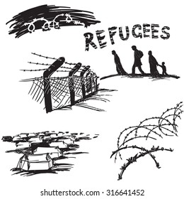 Barbed wire on white background, silhouette of migrants family and word refugees in scetch style